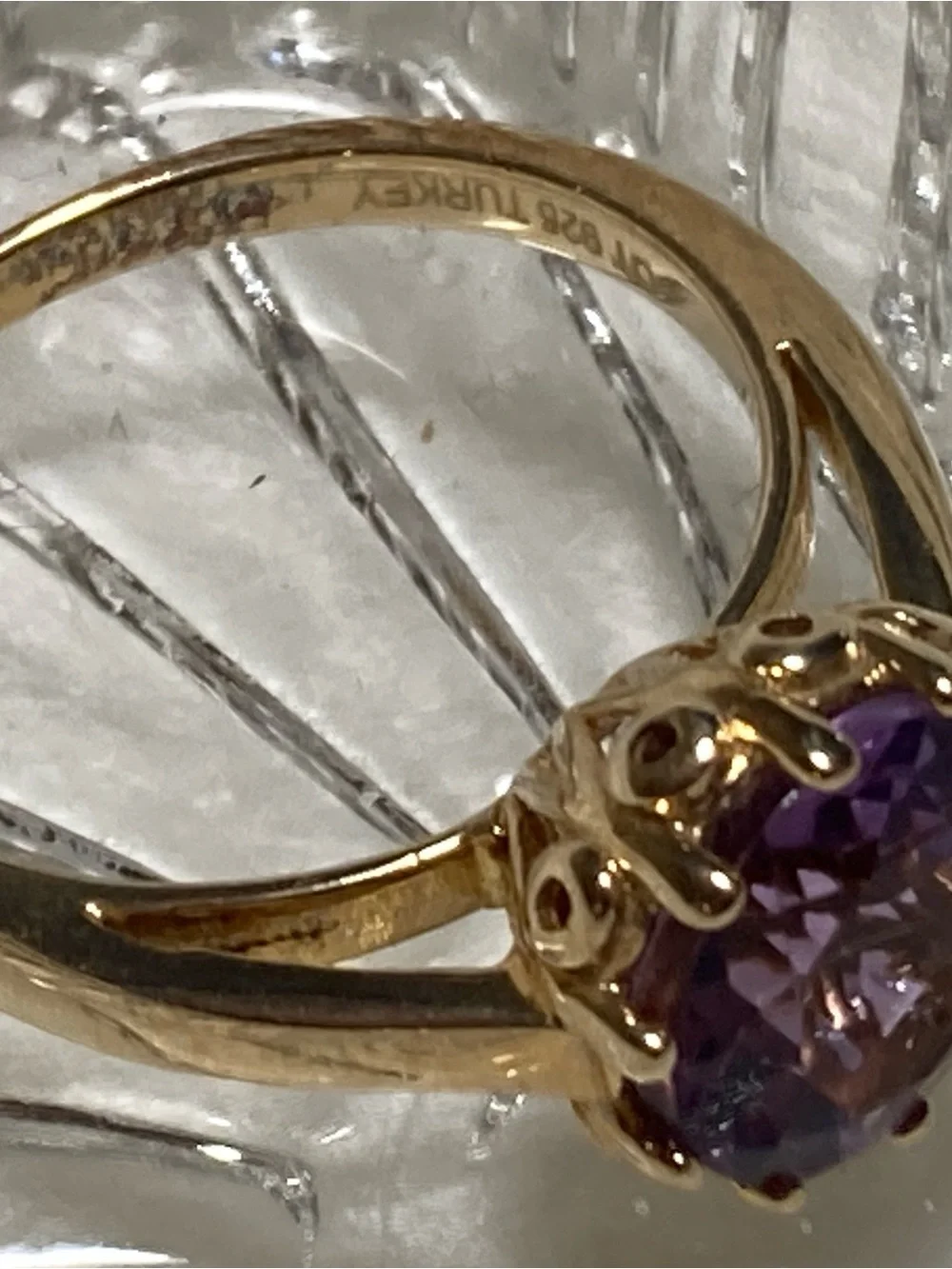 Vintage SS Gold Colored Ring with Purple Round Gemstone